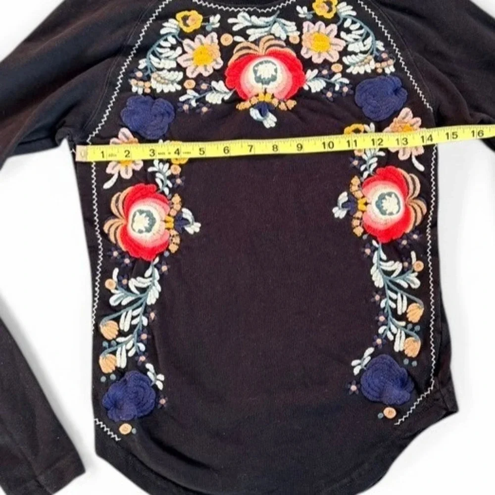 Free People Disco Rose Mock‎ Neck Top Womens Small Black Floral Embroidered Boho